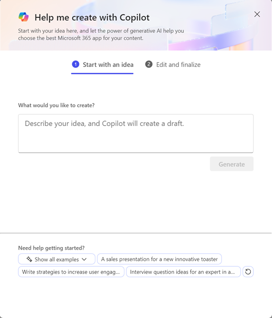 Help me create dialog box, showing a text box where the user can describe their idea for Copilot to create content.