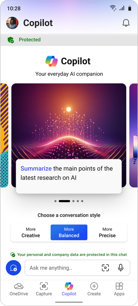 The Microsoft 365 mobile app home screen, showing Copilot integration at the bottom center of the screen.