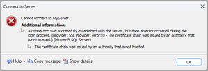 Screenshot of error from SSMS when connecting with Mandatory encryption but no trusted certificate