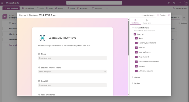 The new Forms experience in Microsoft Lists - showing how you add and edit columns as segments to collect various pieces of information.