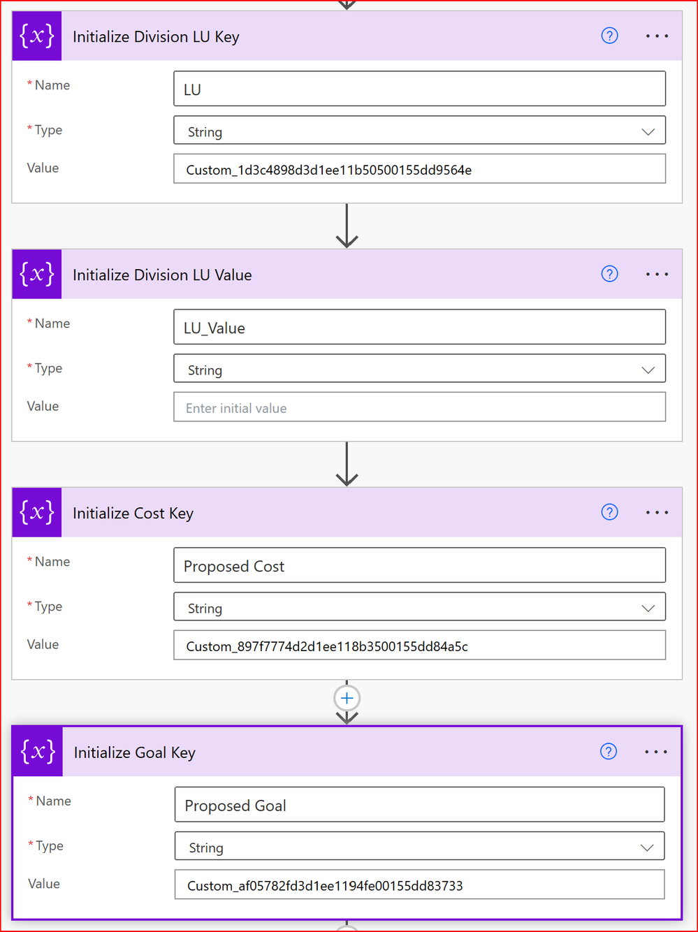 A screenshot showing the variables being initialized.  Three of them are also set to their initial values.