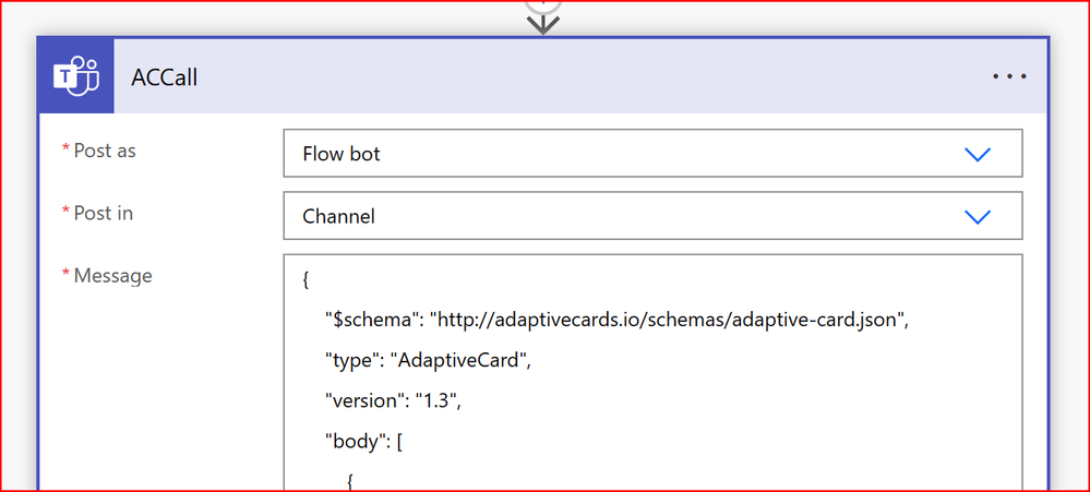 Screenshot of the top part of the Adaptive Card action, where the Flow bot is set to post in a channel