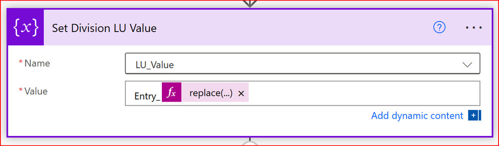 The set variable action turning the lookup table value GUID into an internal representation
