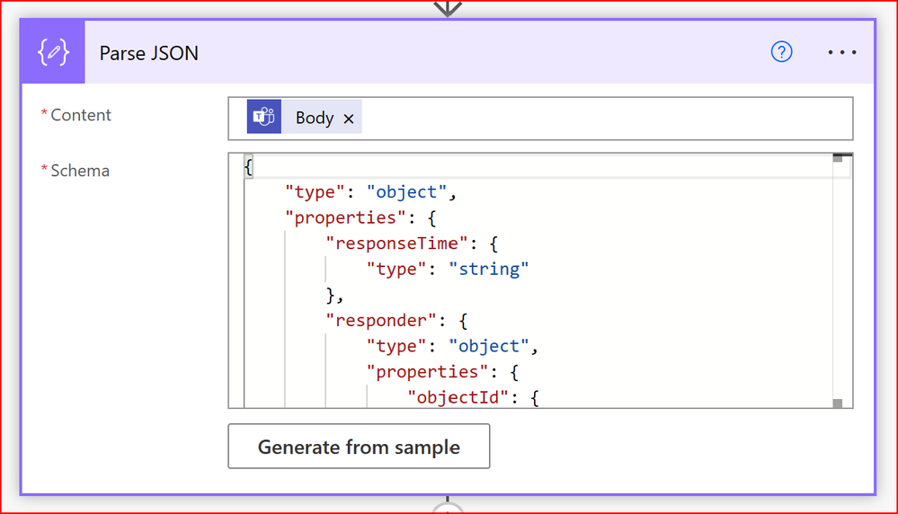 The parse JSON action, which takes the body of the previous action, and has a schema generated using the body grabbed above