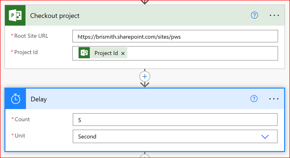 The project checkout and Delay for 5 seconds actions.