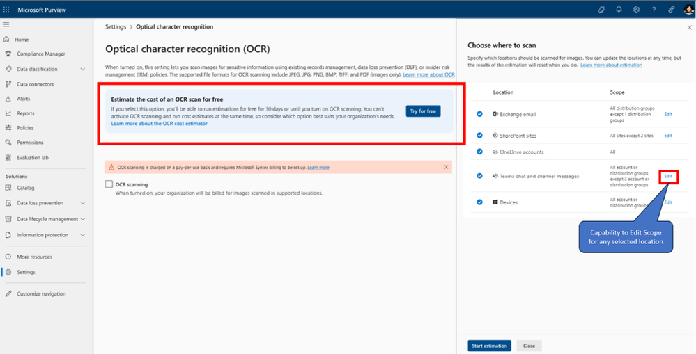 Figure 1: OCR cost estimator overview page settings