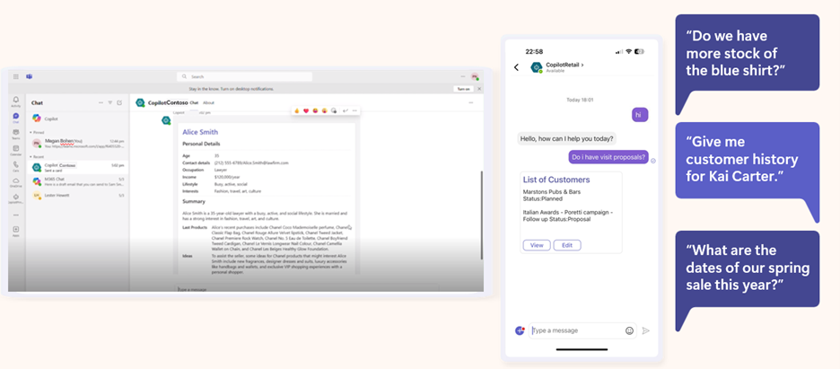 An image demonstrating how copilot can provide a response that advises and shares pertinent information, such as providing a list of customers with the following prompt: "Do I have visit proposals?"