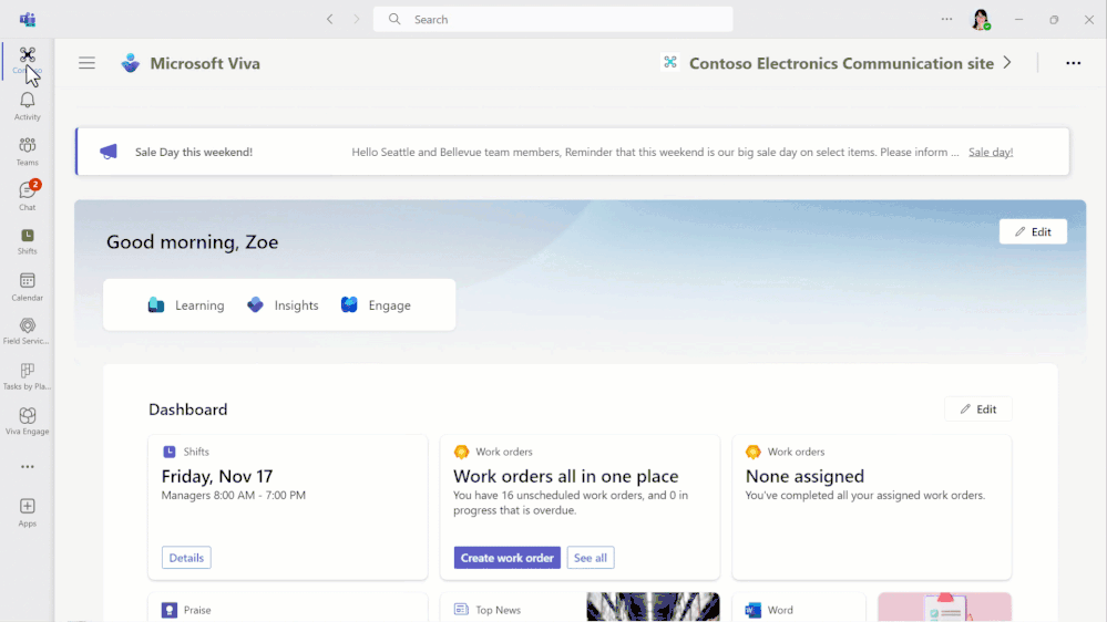 An animated image demonstrating how Copilot for Microsoft 365 works in Microsoft Teams on a desktop device.