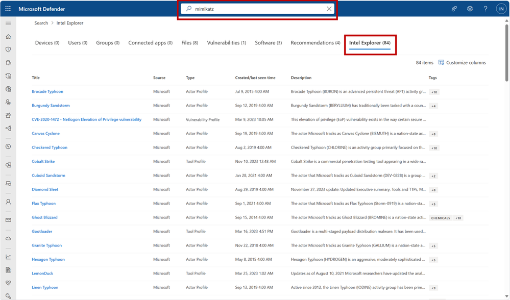 MDTI content alongside other results in Defender XDR