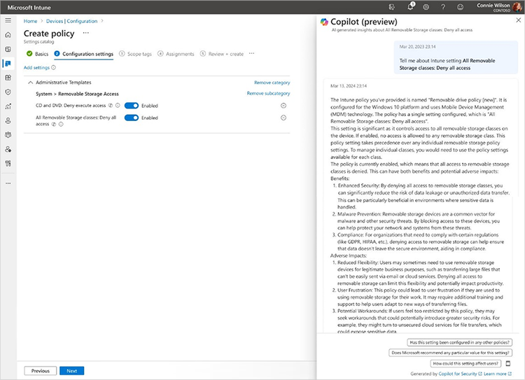 Screenshot of Copilot in Intune providing information of the Intune setting for All Removeable Storage classes: Deny all access.