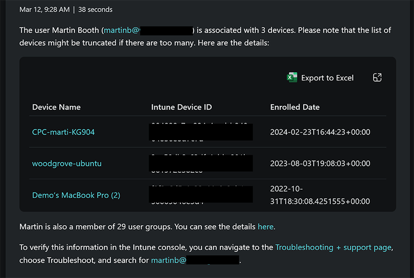 Screenshot of two listed devices that the user Martin has enrolled in Microsoft Intune, along with details and a link to verify the information through Troubleshooting and support page.