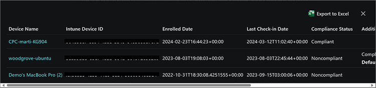 Screenshot of the expanded details list of Last Check-in Date, Compliance Status, and Additional Details.