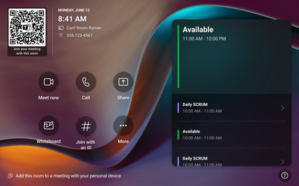 The refreshed touch console home screen for Teams Rooms on Android