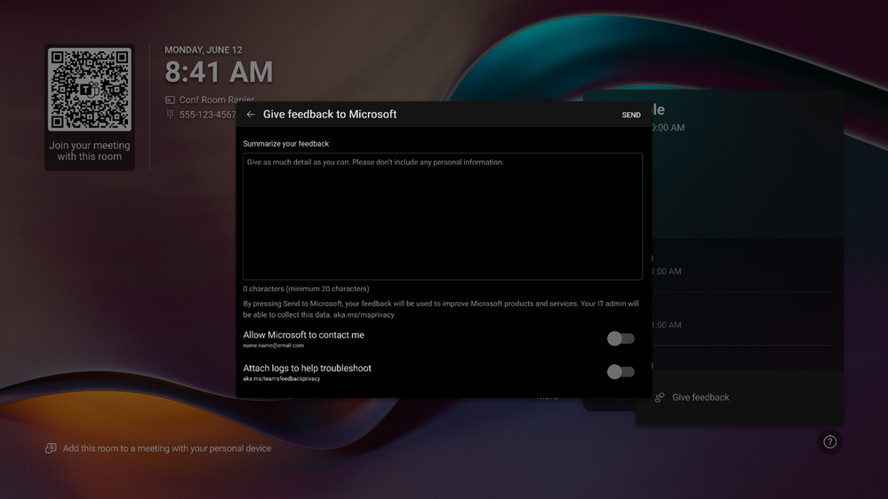 The “give feedback” experience for Teams Rooms on Android