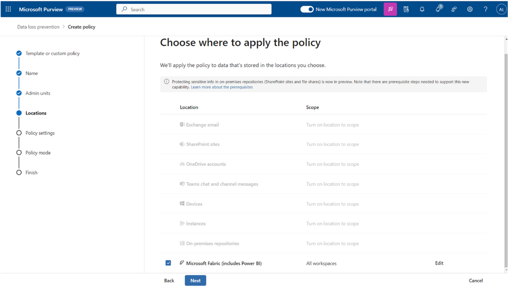 Figure 1: Extending data loss prevention policies to Microsoft Fabric workspaces.