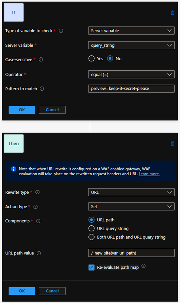 How the new rule is configured to inject a temporary path prefix when the secret query string is passed in the URL