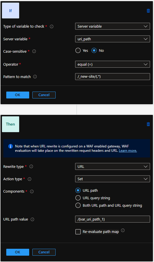 A new rule configured to match traffic containing the temporary path prefix, and remove it, leaving the original URL requested by the visitor