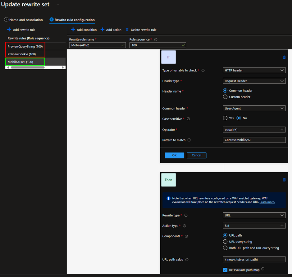 Showing the additional rule that redirects traffic from clients that identify with the ContosoMobile/v2 user-agent