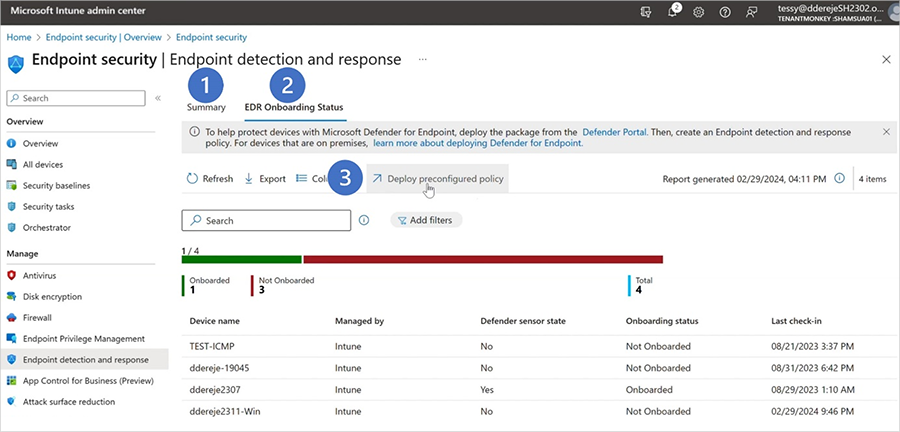 Screenshot of the EDR page with numbers 1 to 3 labeling the highlights of this new experience.