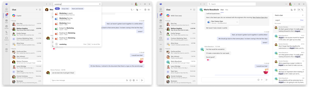 Figure 1: Domain-specific search filters like “files”, “group chats”, and “teams and channels” (left) will help you refine search and "find in chat" (right) will help you find results within the chat or channel conversation.