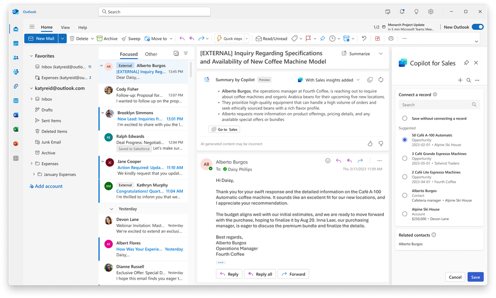 AI-powered opportunity suggestions when saving an email/meeting to the CRM.