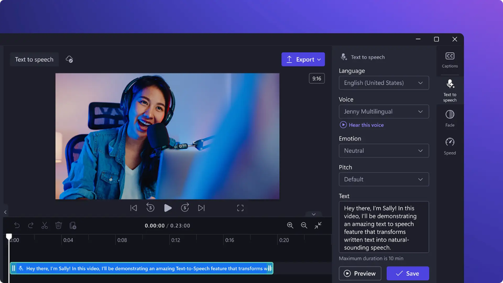 Microsoft Clipchamp text to speech