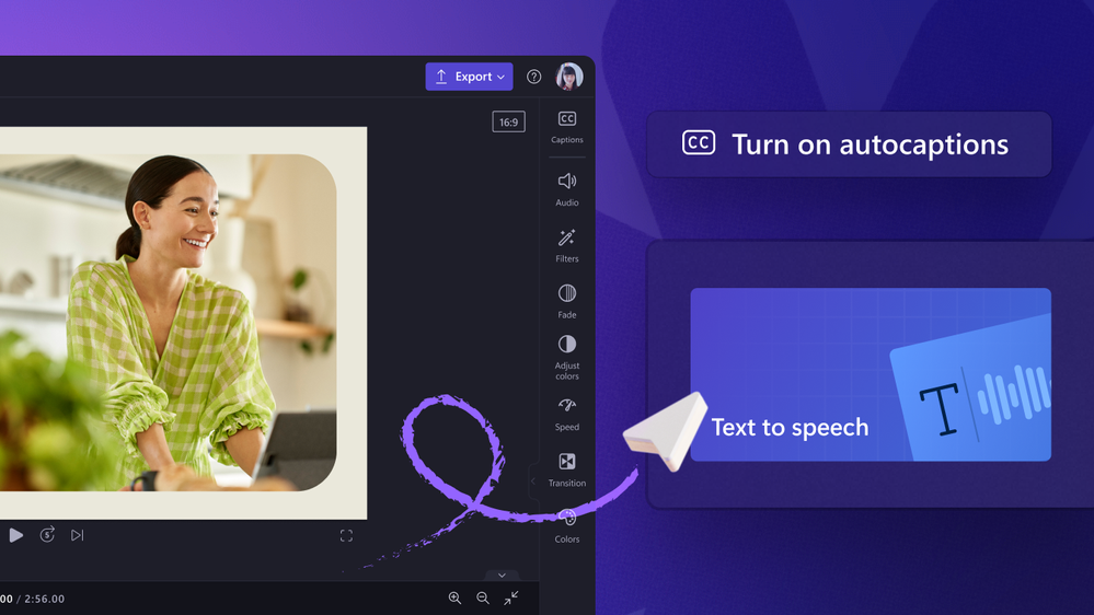Microsoft Clipchamp autocaptions and text to speech