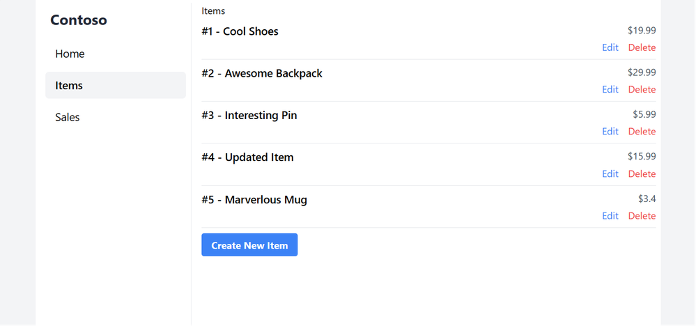 Screenshot of the SvelteKit items page with CRUD functionality