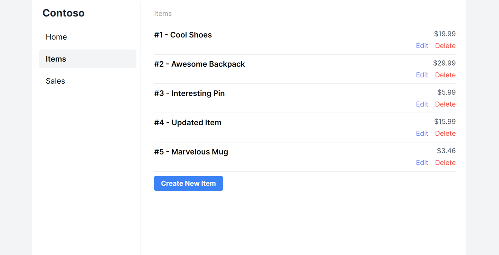 Screenshot of the Items page with CRUD functionality
