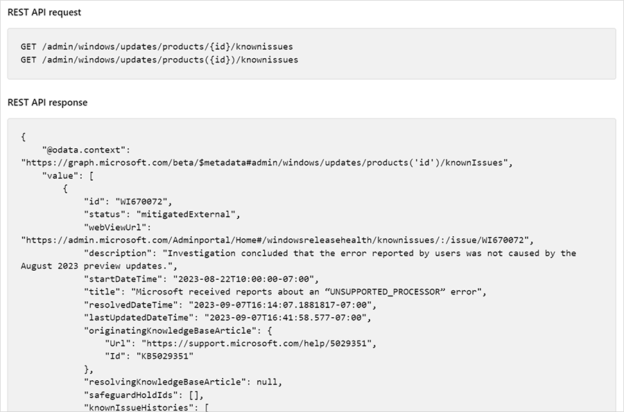 Screenshot of a Graph API request and part of the response for Windows known issues.
