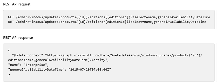 Screenshot of a Graph API request and response for a specific general availability date.
