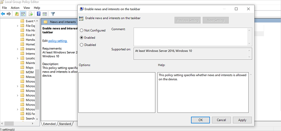 Configuring the weather and more experience on a Windows 10 device via Group Policy.