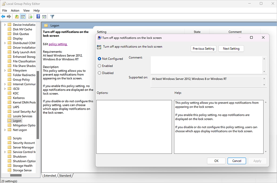 Configuring app notifications on the lock screen for a Windows 11 or Windows 10 devices via Group Policy.