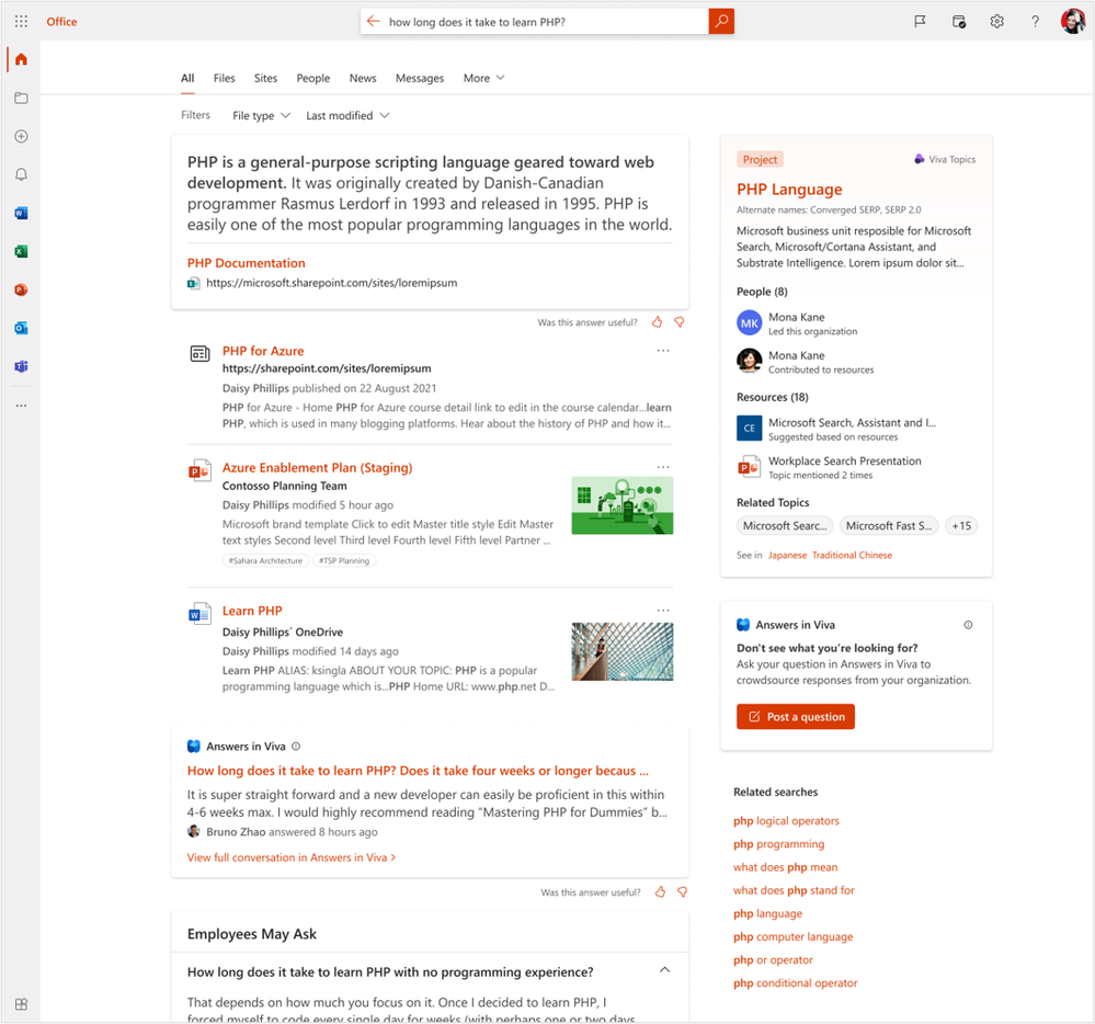Answers in Viva found within the Microsoft Search results page.