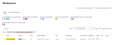 Defender Vulnerability Management weaknesses page