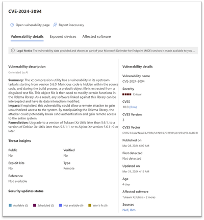 Defender Vulnerability Management CVE Details Page