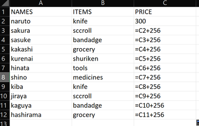 tis is the formula i had applied in the price column