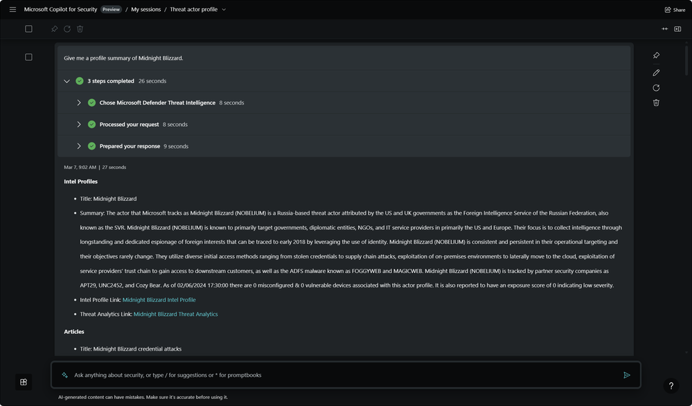 Example of MDTI skills and prompts in Copilot for Security