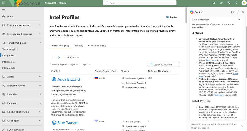 The first pre-populated prompt returns and summarizes intelligence most relevant to your organization.