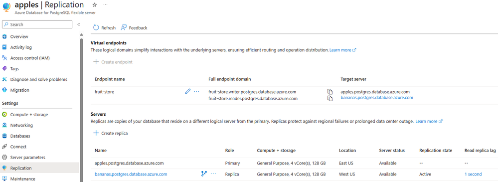 Screenshot of replication blade in the Azure portal.