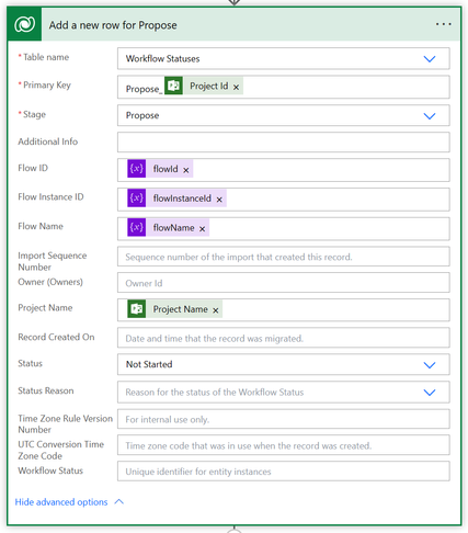 Adding the initial row for the Propose stage in a Dataverse add to table action