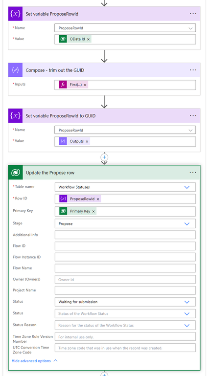 Getting the GUID from the OData from the row creation, to use it in the update row action