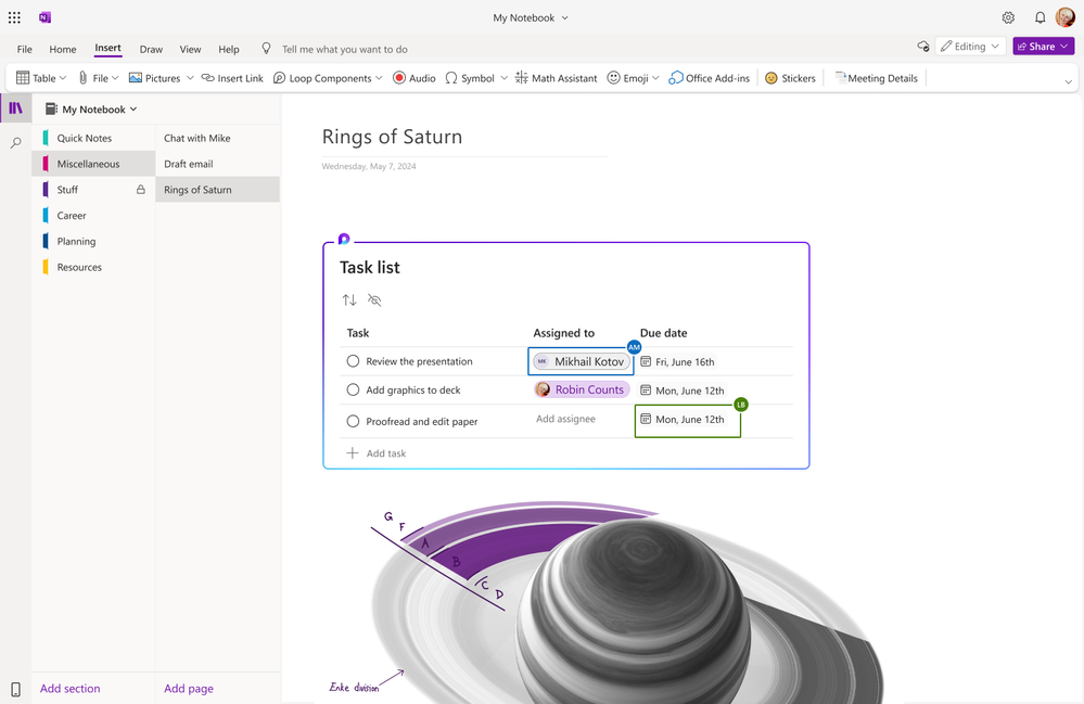 A Task list Loop component on a OneNote notebook page.