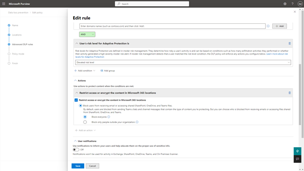 Figure 1: Configure a DLP policy with ‘insider risk level’ in Adaptive Protection