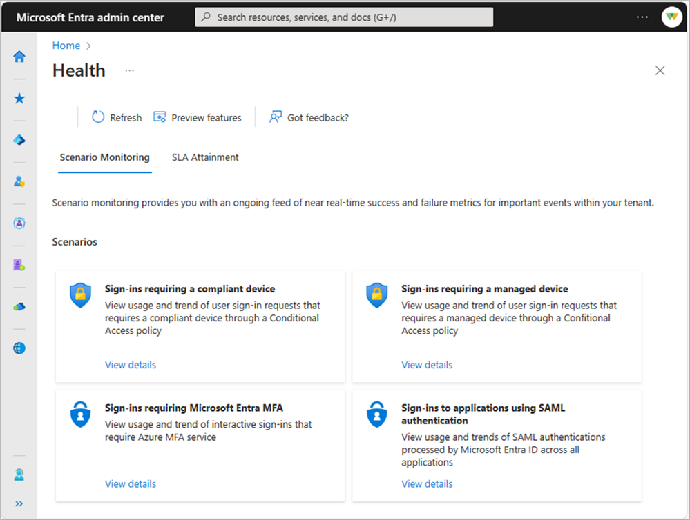Figure shows the Scenario monitoring landing page & the Sign in with MFA scenario details