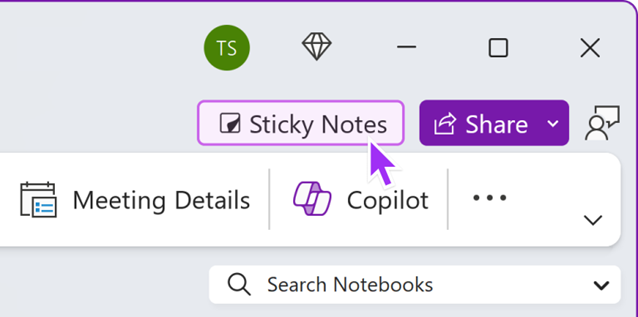 This is a screenshot of OneNote ribbon which illustrates the entry point for new Sticky Notes from within the OneNote Windows app