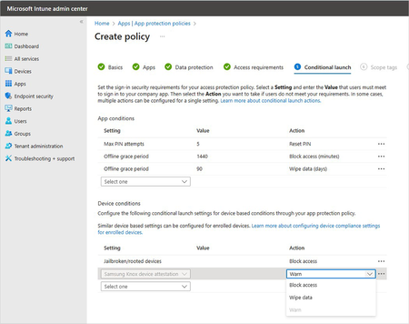 Screenshot of showing how to set a policy for specific device conditions in the Microsoft Intune admin center that warns the IT administrator if Samsung Knox device does not pass attestation.