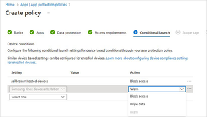 Screenshot of the Microsoft Intune admin center with the create policy menu