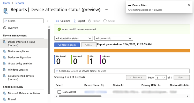 Screenshot of the preview of the device attestation status report in the Intune admin center listing the name, ID, and primary UPN of a device that failed device attestation.