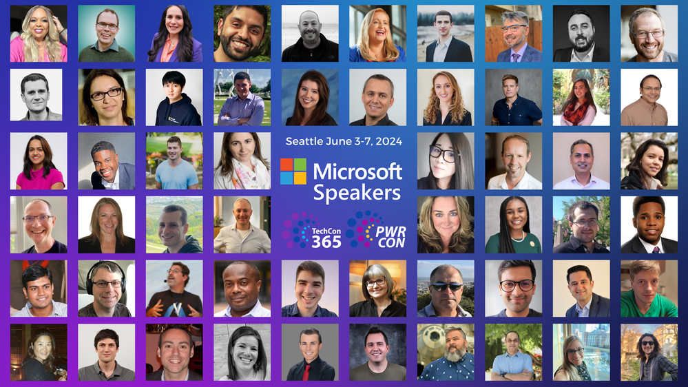 Join Microsoft, MVPs and the best community in tech for TechCon365 & PWRCON Seattle | June 3-7, 2024 | TechCon365.com/Seattle. Graphic: A collage of all the Microsfot speakers presenting in Seattle, WA.